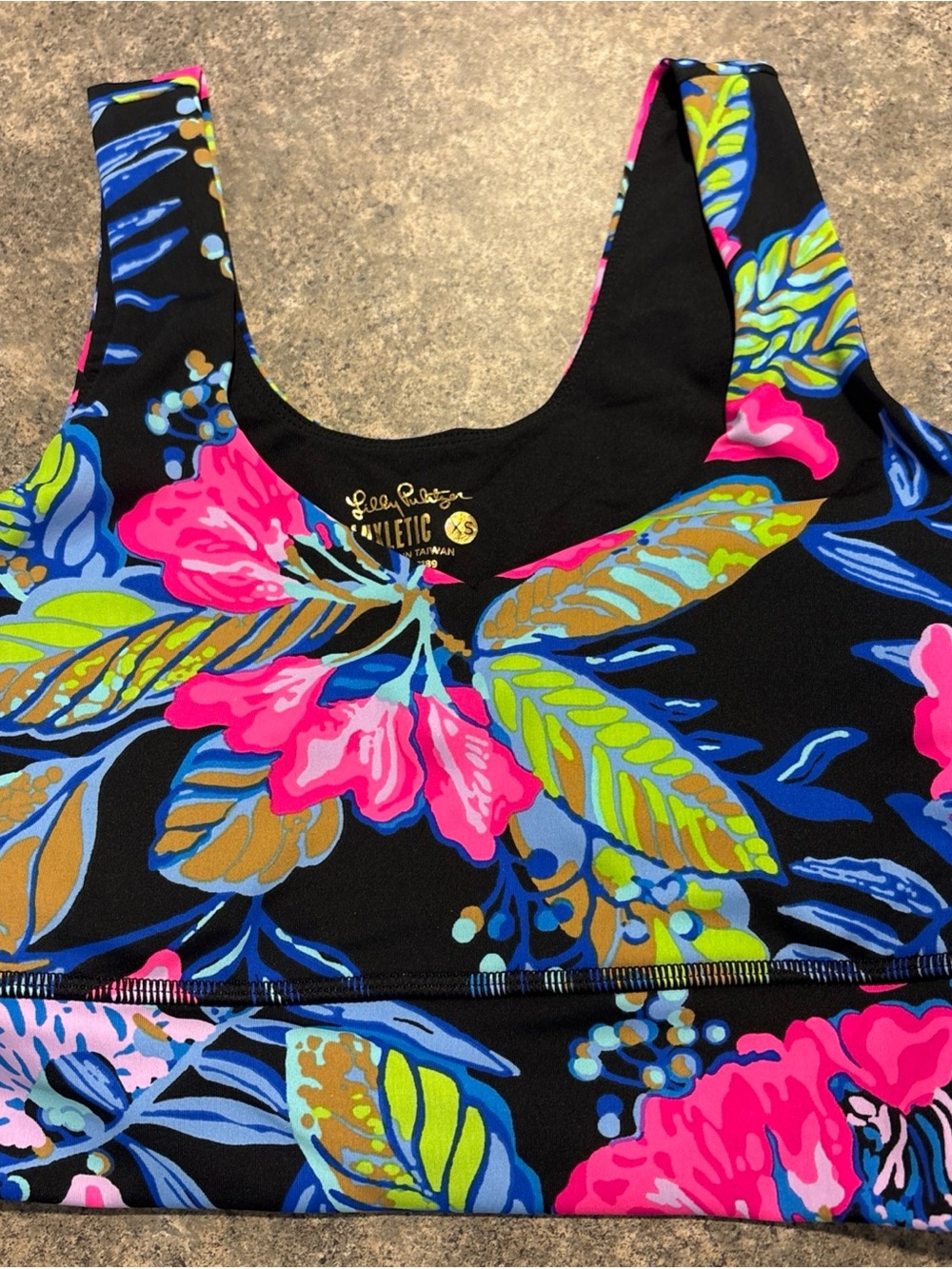 Lilly Pulitzer Black Sports Bra with Pink, Blue & Green Floral Accents